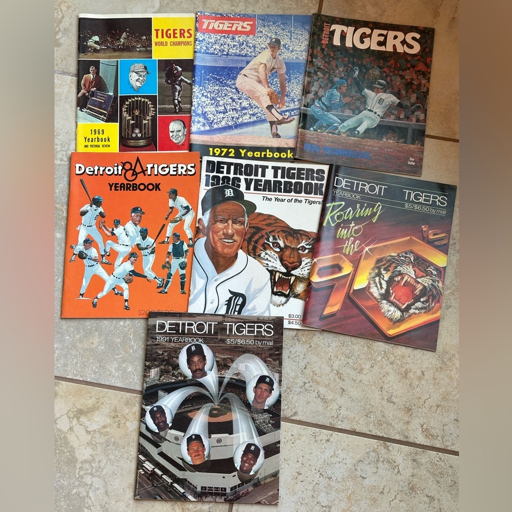 Lot of 7 Vintage Detroit Tigers Yearbooks 1969 1972 1974 1984 1986 1990 1991.